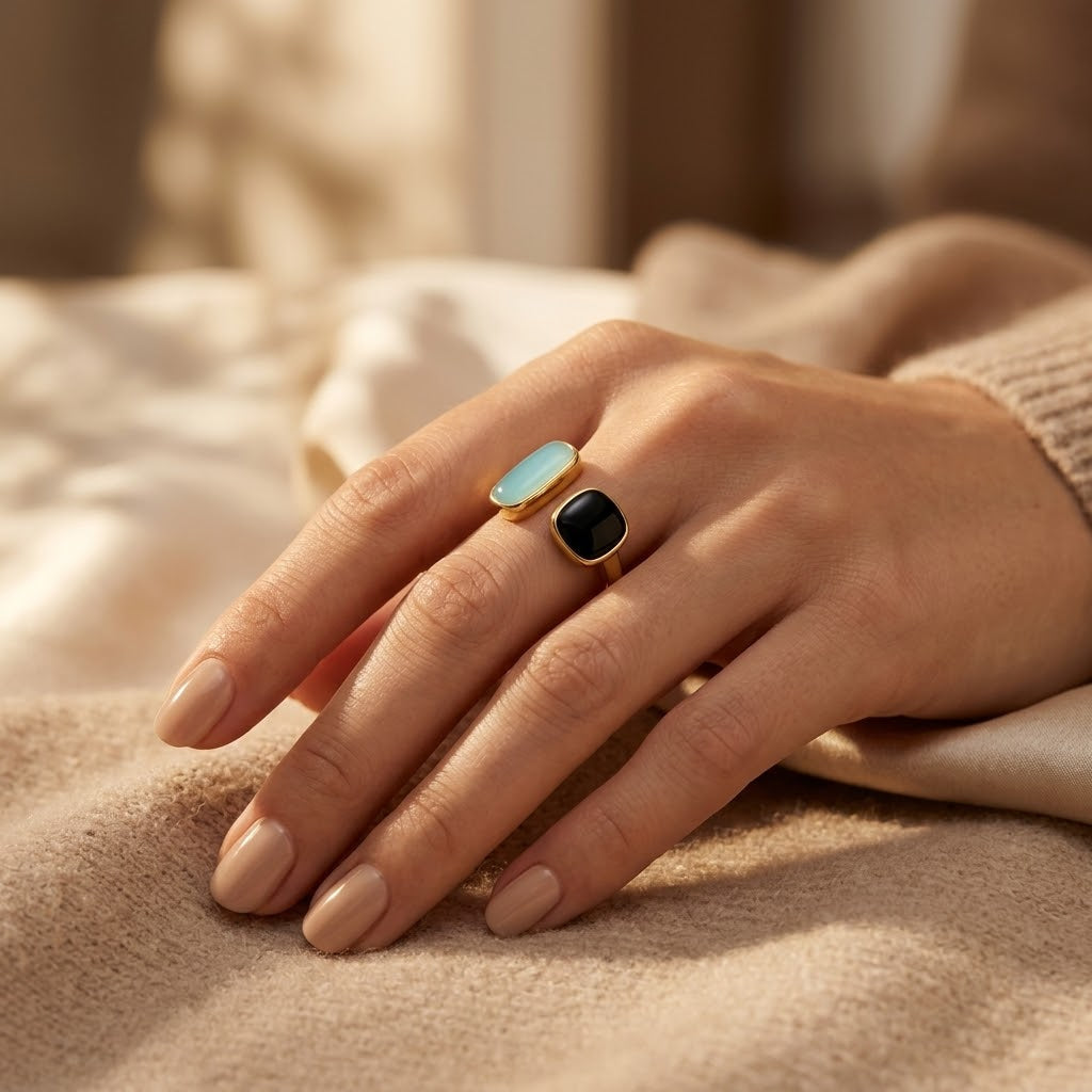 Adjustable Gold Ring Featuring Double Stone Design