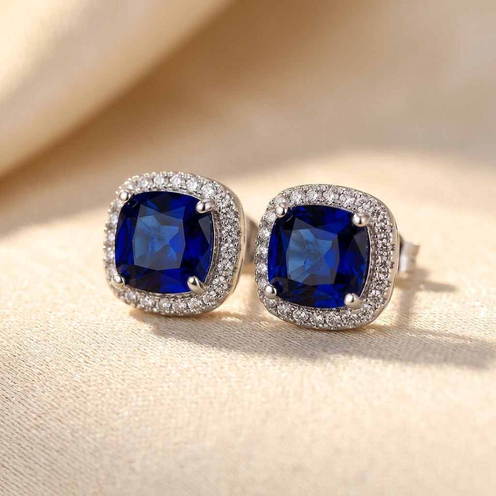 Silver Sapphire Halo Stud Earrings