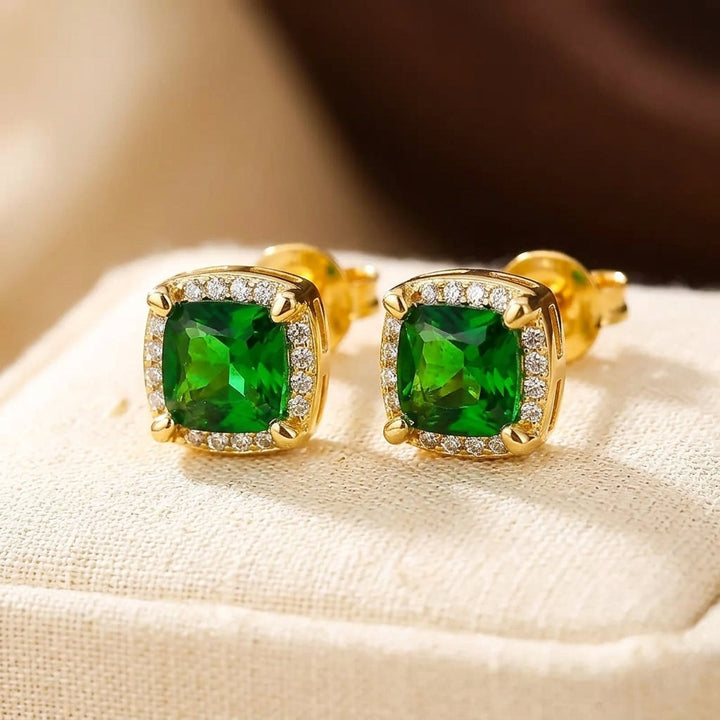 Emerald-Embellished Gold Stud Earrings