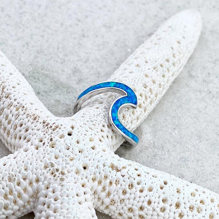 Sterling Silver Ocean Wave Ring with Opal Accent