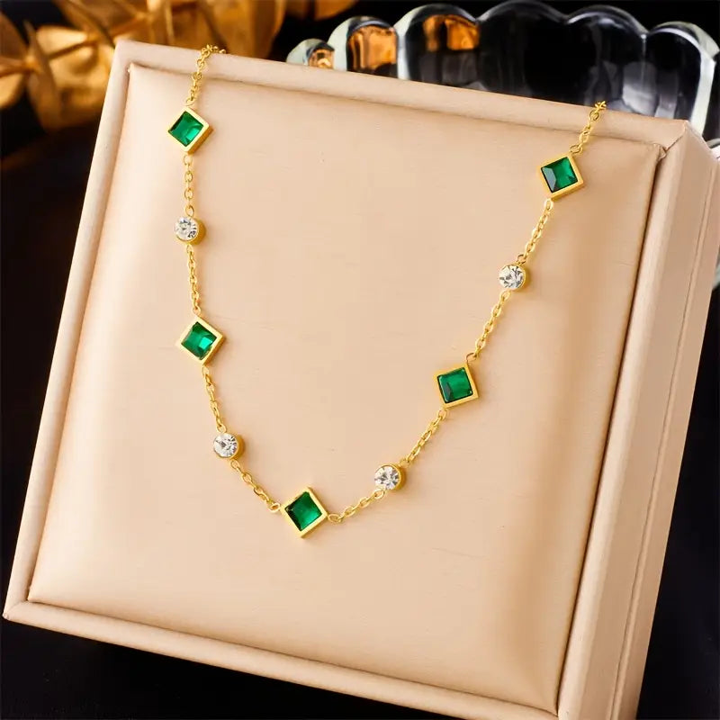 Emerald and Gold Geometric Pendant Necklace