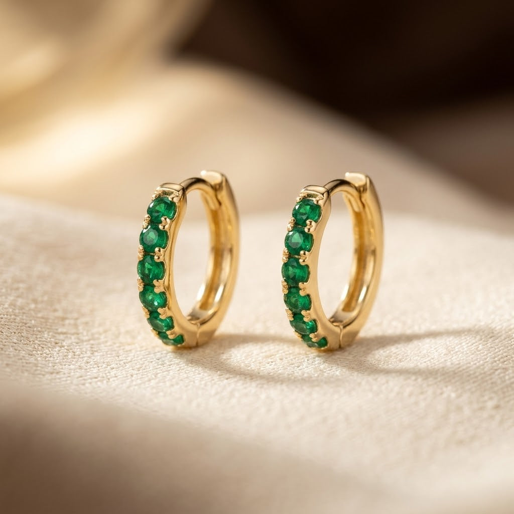 Emerald and Gold Hoop Earrings