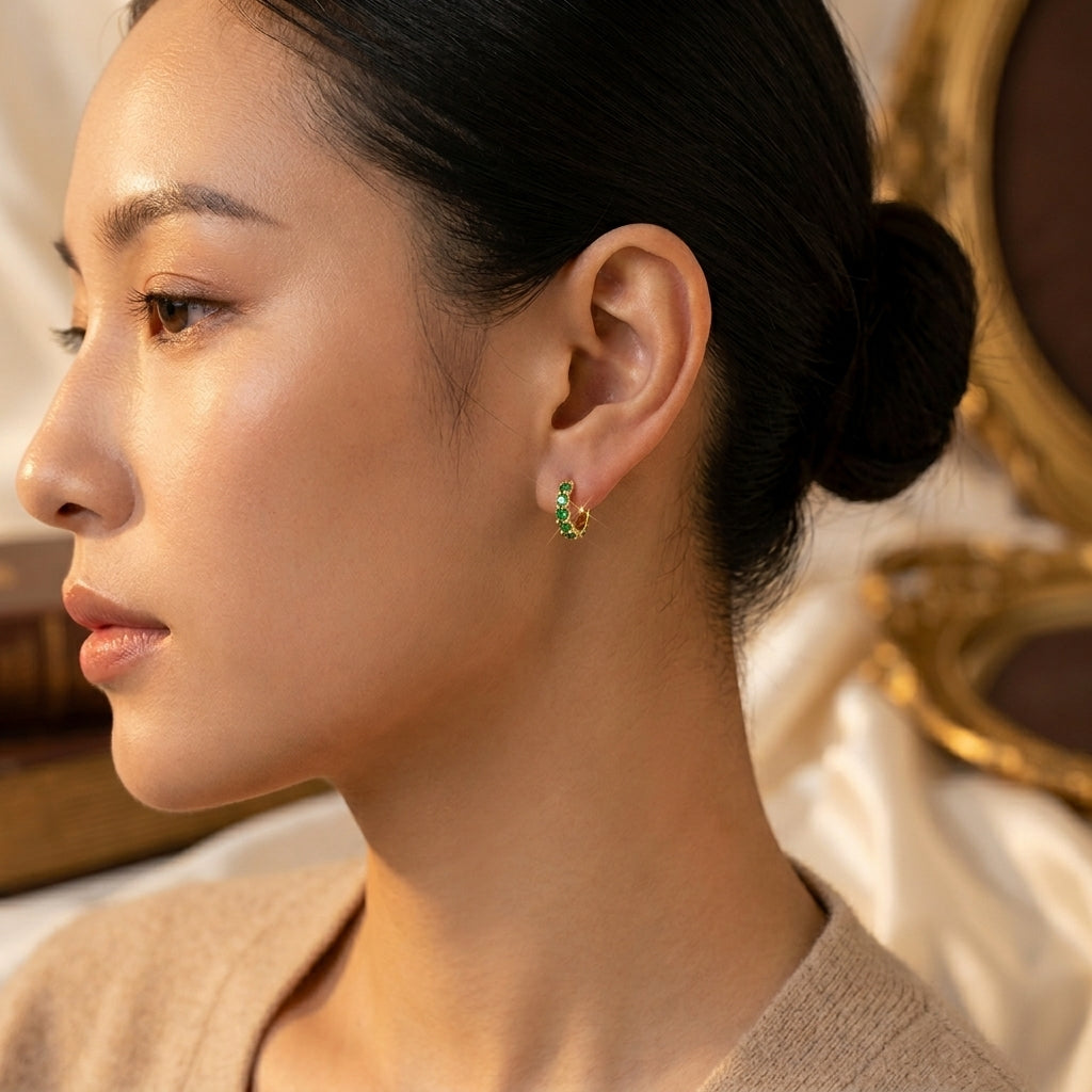 Emerald and Gold Braided Hoop Earrings