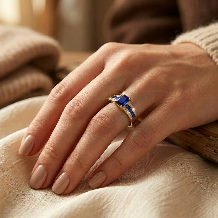 Square-Cut Gold Ring with Sapphire Accents