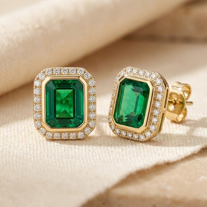 Gold Halo Stud Earrings with Emerald Square Design