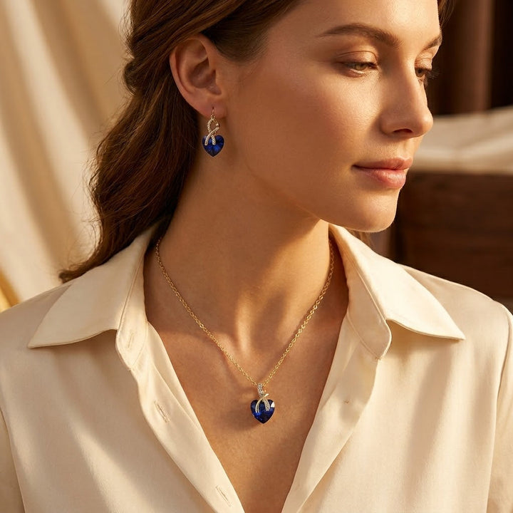 Gold Sapphire Heart Necklace and Earring Set