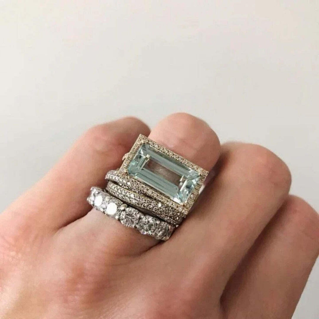Retro Turquoise Glass Ring Set in Silver