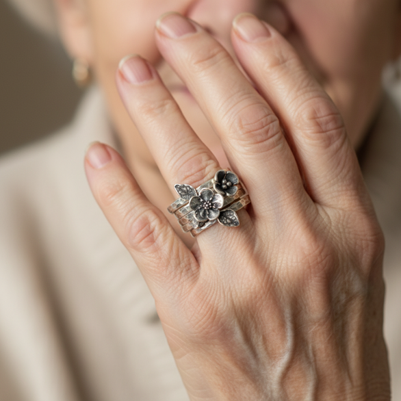 Vintage Floral Silver Stacked Ring