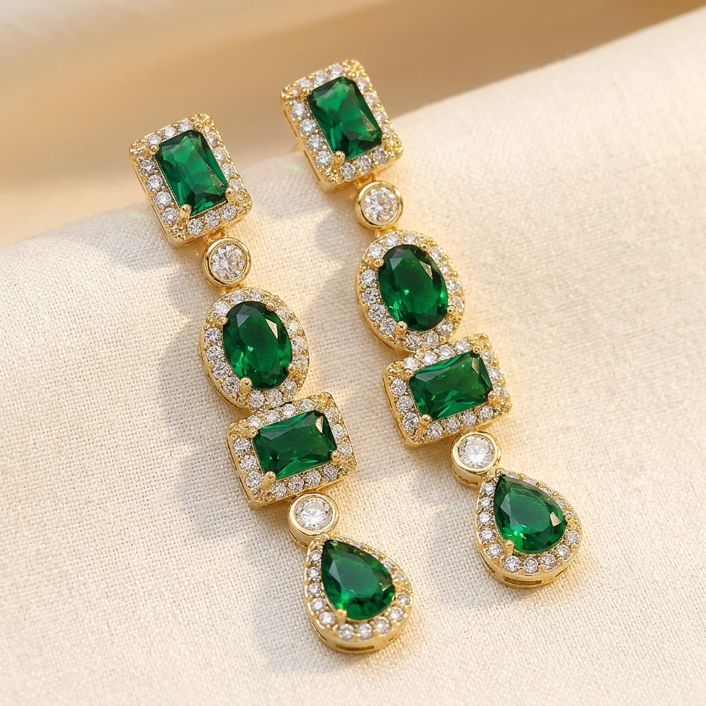 Emerald and Gold Assorted Shape Dangle Earrings