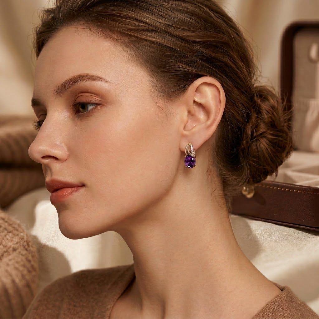 Amethyst-Accented Gold Hoop Earrings