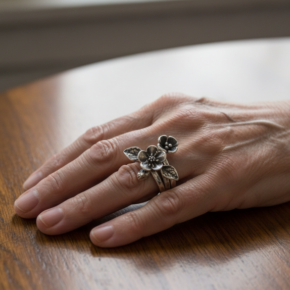 Vintage Floral Silver Stacked Ring