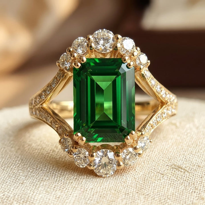 Emerald Halo Ring in Gold