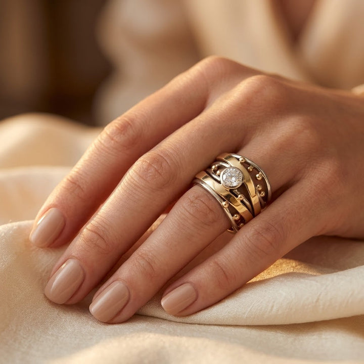 Crossover Ring with Gold and Silver Bezel Settings