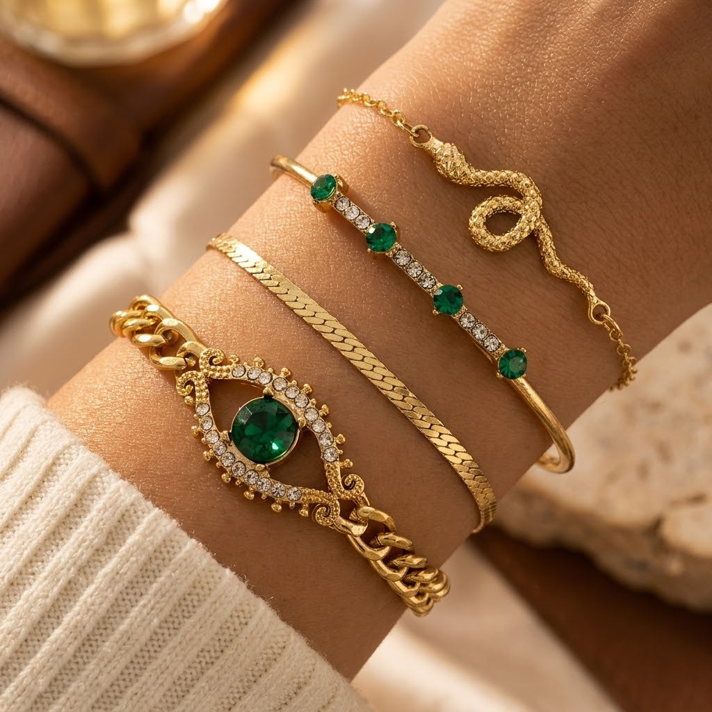 Emerald and Gold Charm Bracelet Set