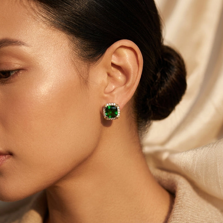 Emerald-Crowned Gold Stud Earrings