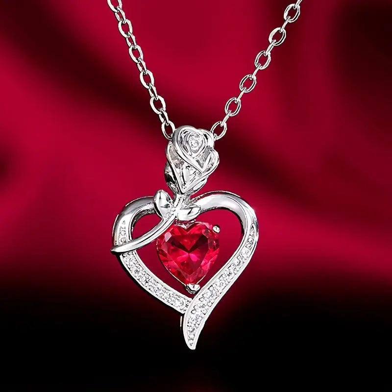 Ruby Heart Pendant Necklace in Silver
