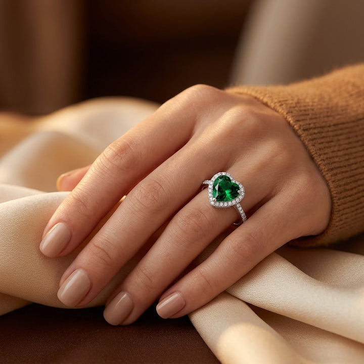 Emerald-Embellished Silver Heart Halo Ring