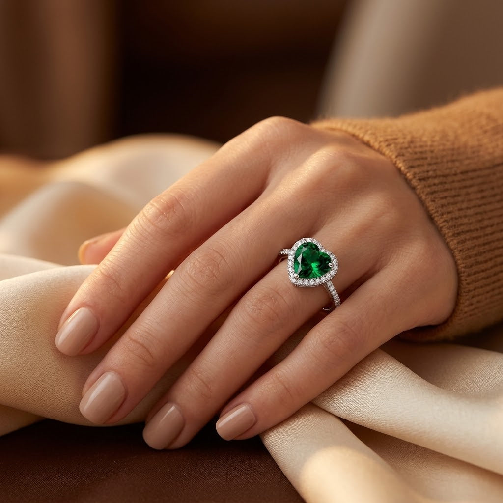 Emerald-Embellished Silver Heart Halo Ring