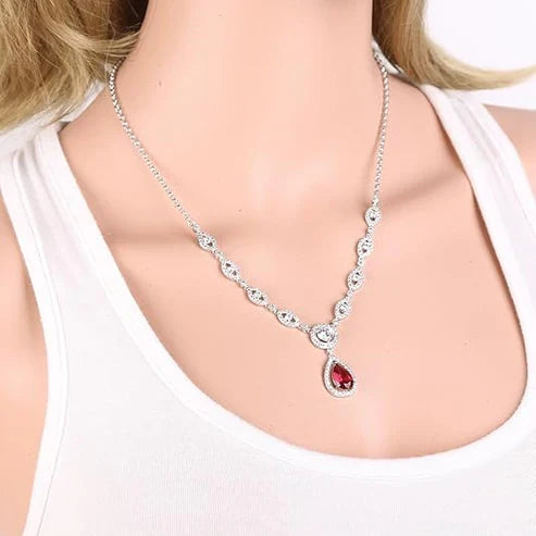 Ruby Halo Jewelry Set: Necklace and Earrings