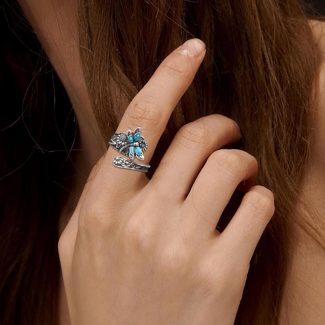 Adjustable Silver Dragonfly Ring Featuring Turquoise Detail