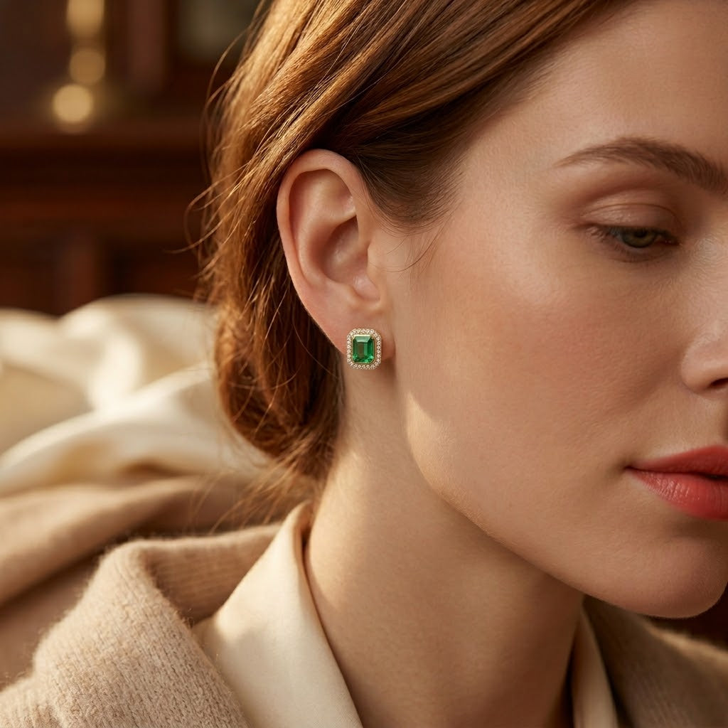 Emerald Square Gemstone Gold Halo Stud Earrings