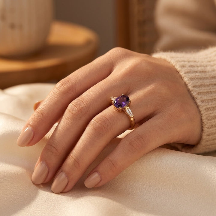 Amethyst Triple-Stone Gold Ring Band