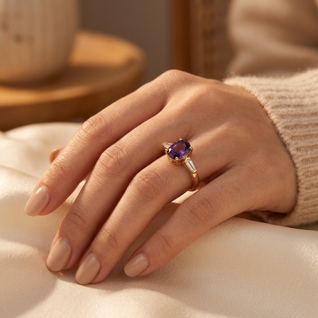 Amethyst Triple-Stone Gold Band Ring