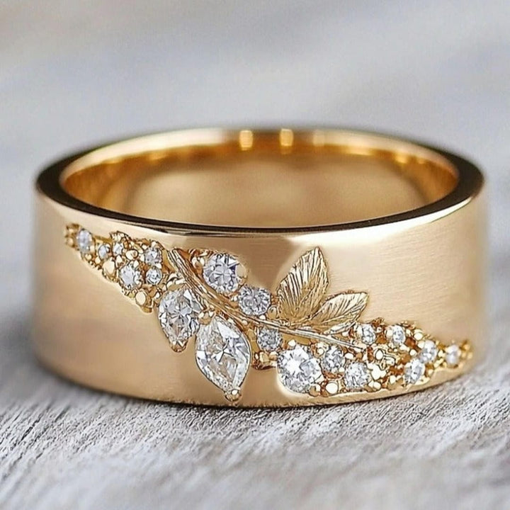 Sophisticated Leaf Ring with Golden Inlay and Zirconia Accents