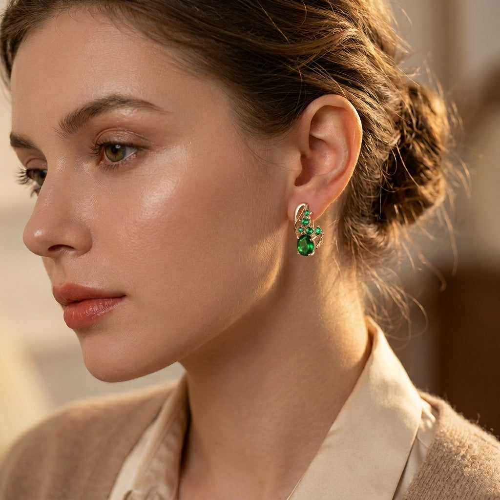 Emerald Cluster Dangle Earrings with Gold Accents
