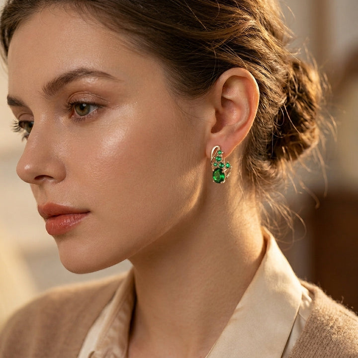 Gold-Accented Emerald Cluster Dangle Earrings