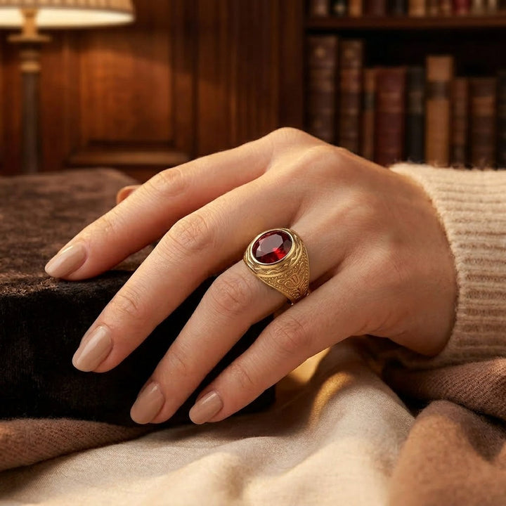 Ruby-Engraved Gold Ring