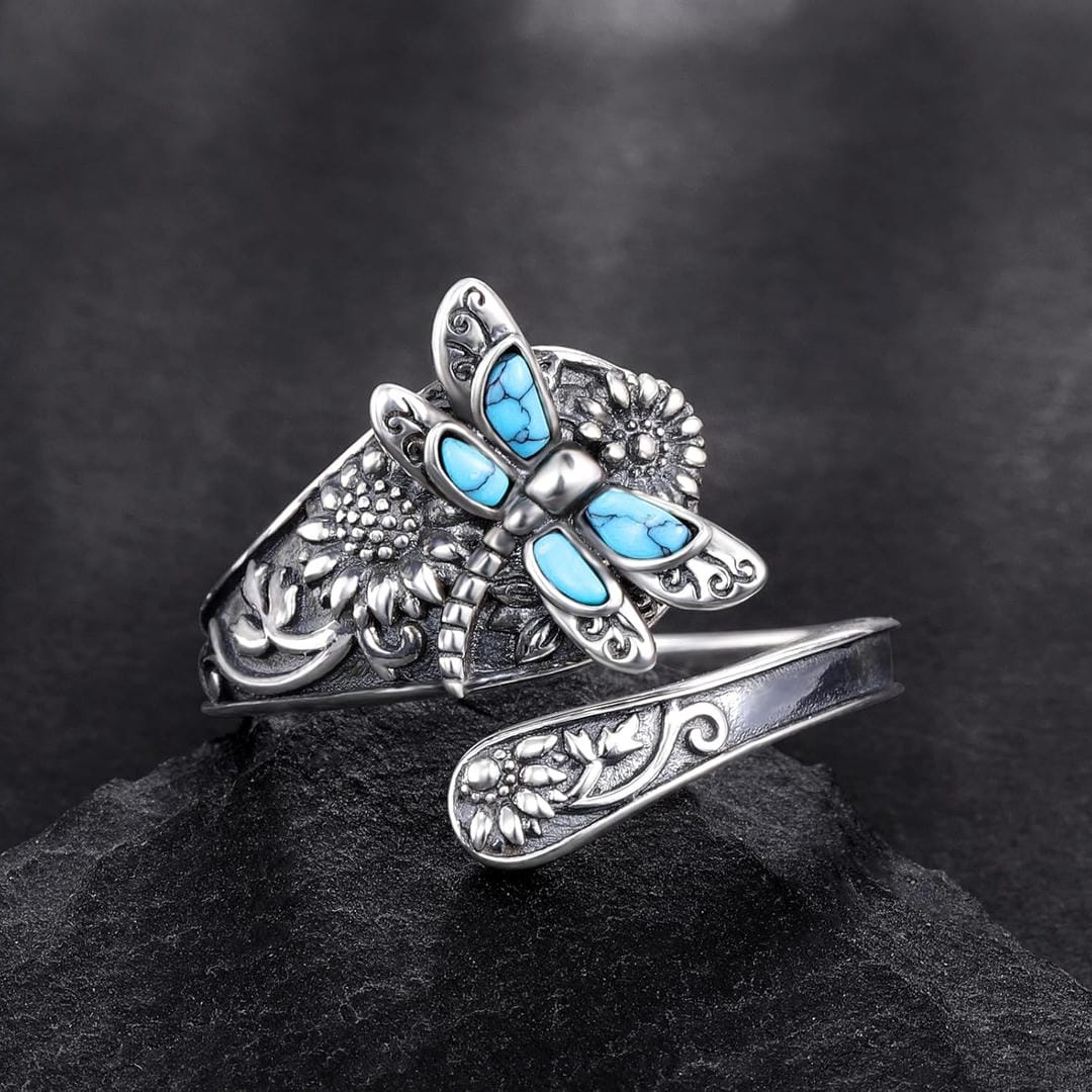 Adjustable Silver Dragonfly Ring Featuring a Turquoise Accent