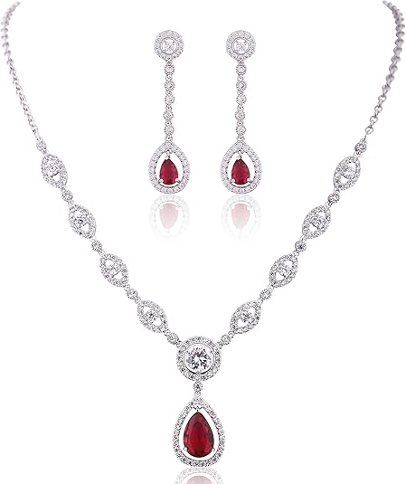 Ruby Halo Jewelry Set: Necklace and Earrings