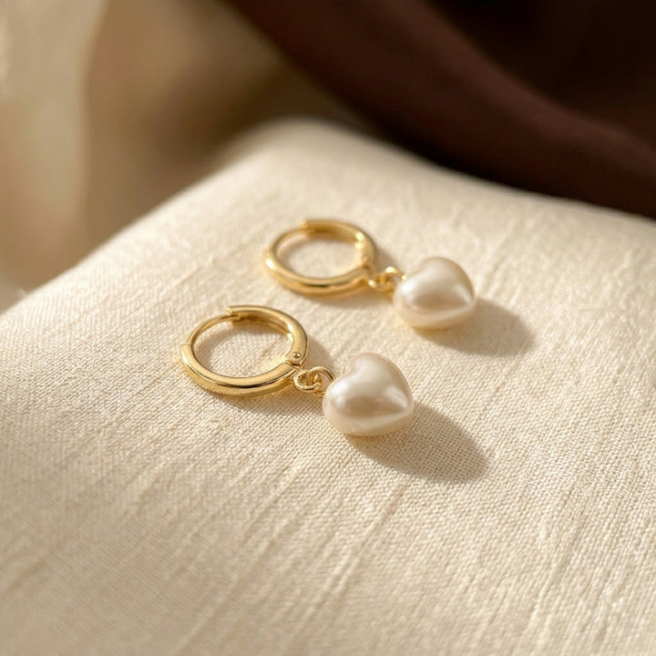 Heart-Shaped Golden Pearl Drop Earrings