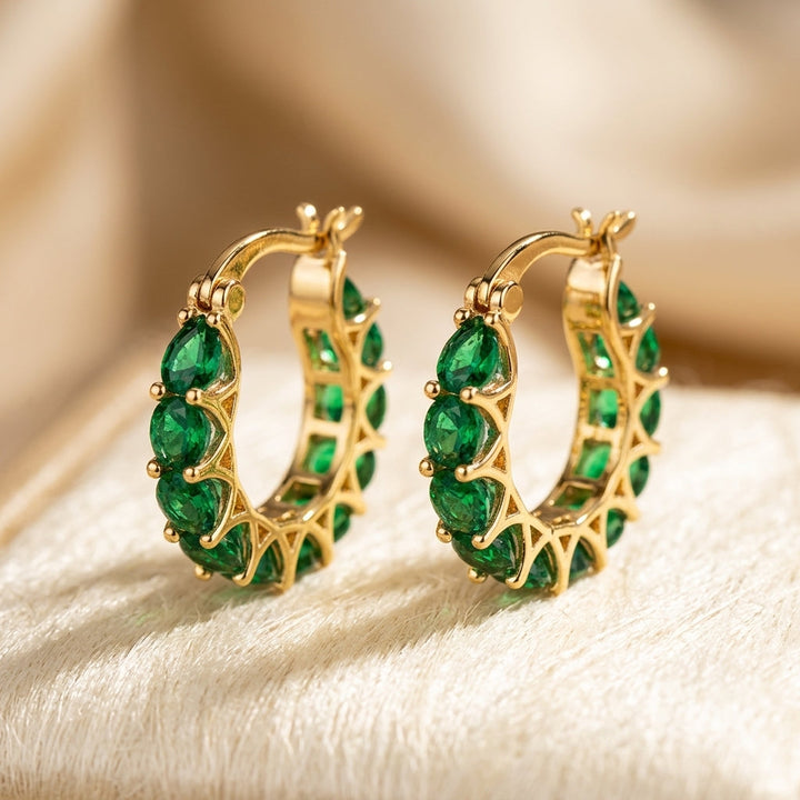 Emerald and Gold Twisted Hoop Earrings