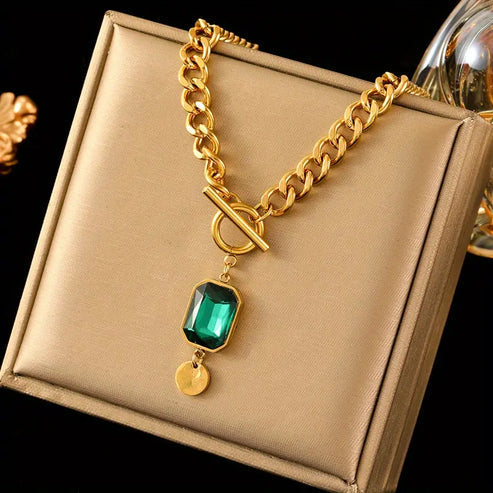 Bold Chain Emerald Drop Necklace