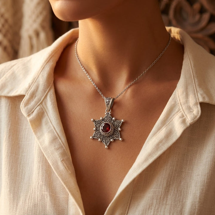 Silver Ruby Star Necklace Pendant