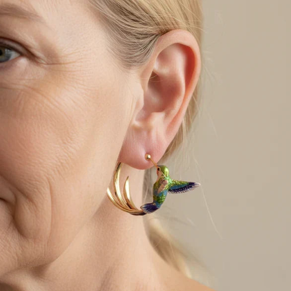 Vintage-Inspired Enamel Hummingbird Hoop Earrings