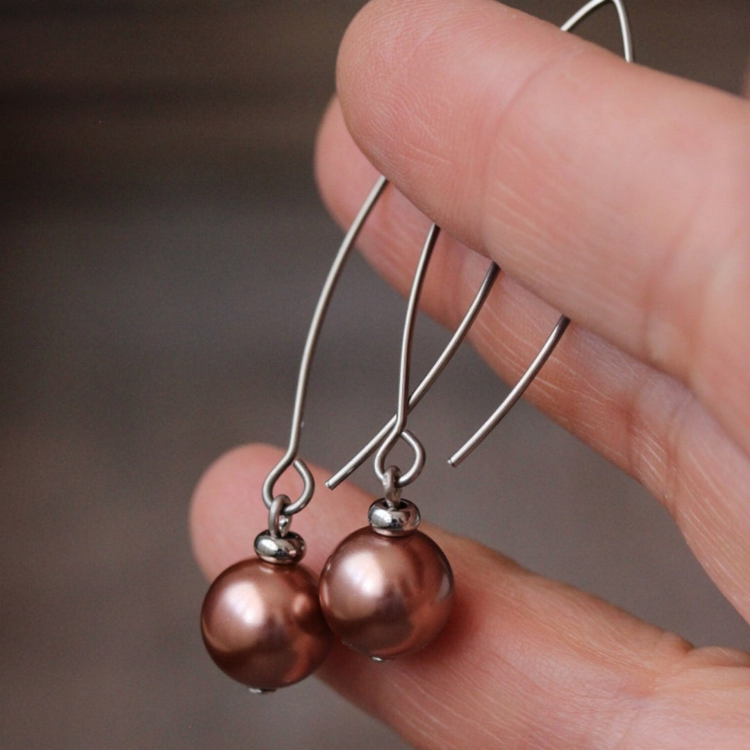 Bronze-Accented Silver-Plated Pearl Drop Earrings