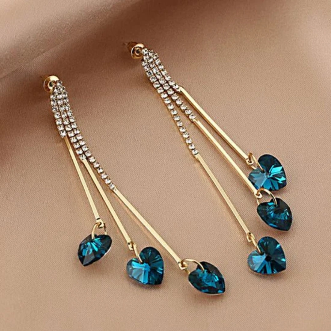 Elegant Blue Crystal Heart Dangle Earrings