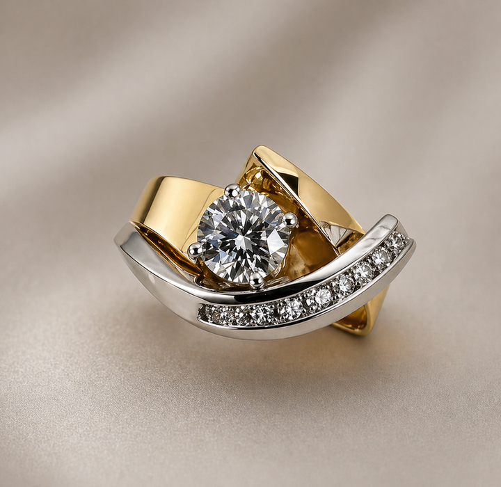Retro Asymmetrical Gold and Silver Zirconia Ring