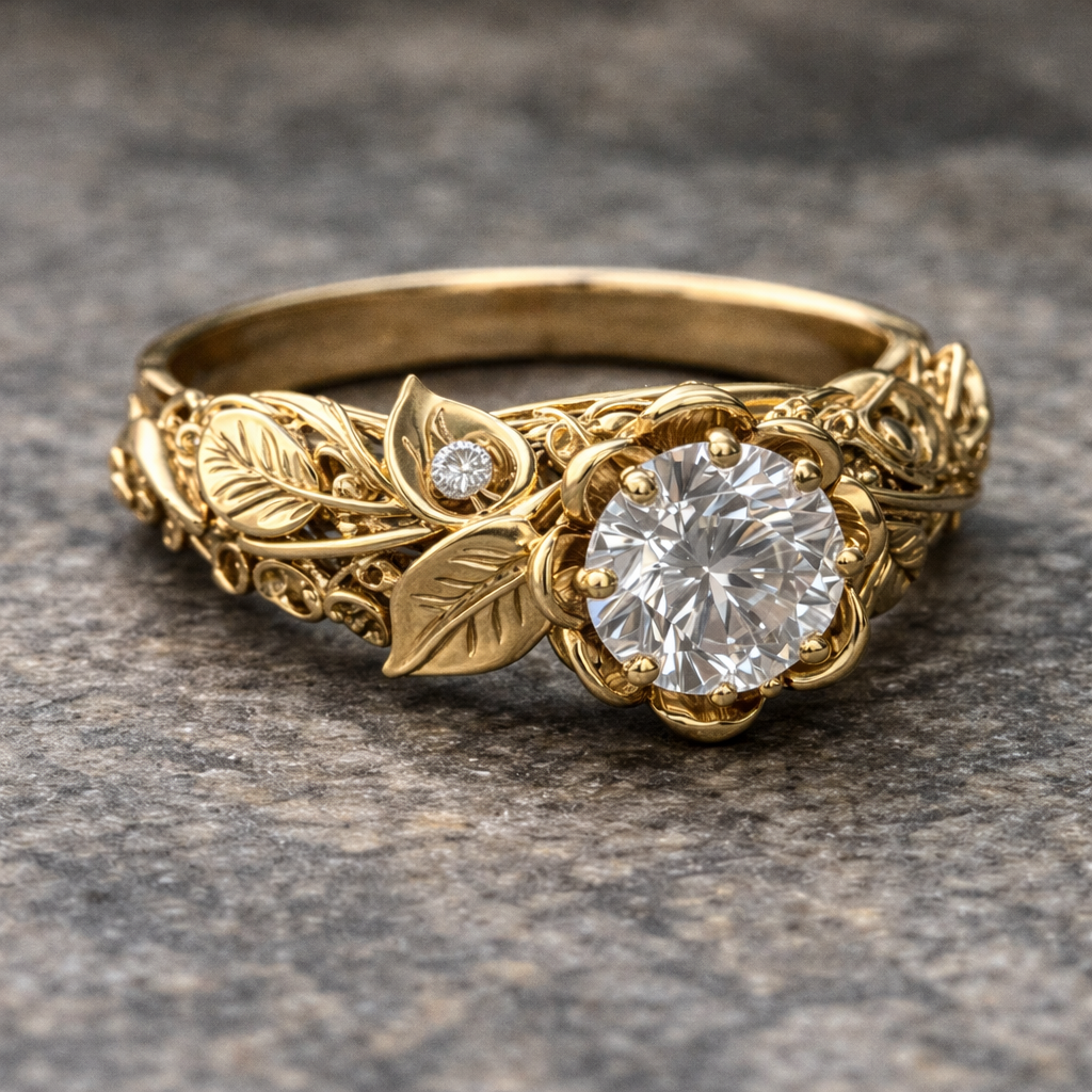 Zirconia Band Featuring a Golden Leaf Motif