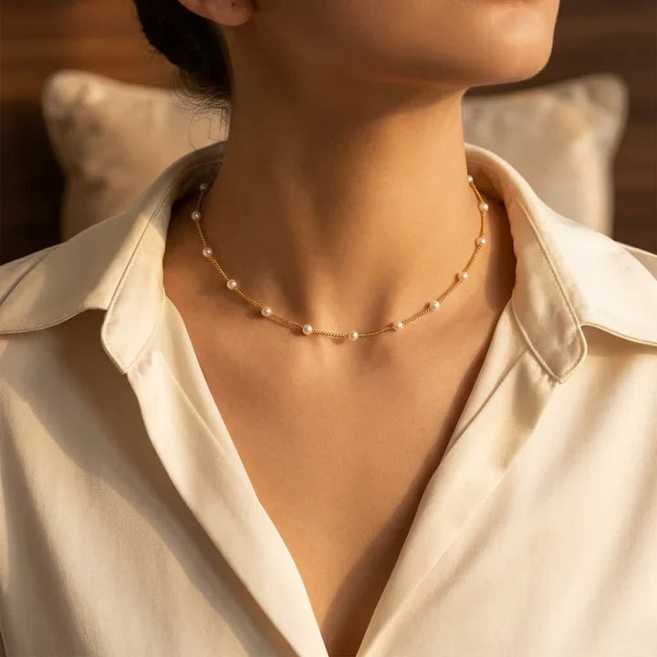 Gold Pearl Chain Necklace with Spaced Design