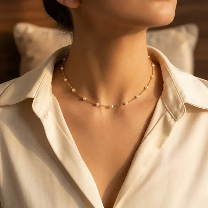 Gold Pearl Chain Necklace with Spaced Design