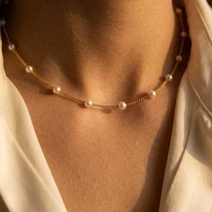 Gold Pearl Chain Necklace with Spaced Design