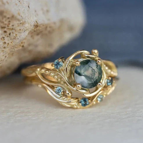Round Moss Agate Natural Stone Gold Ring
