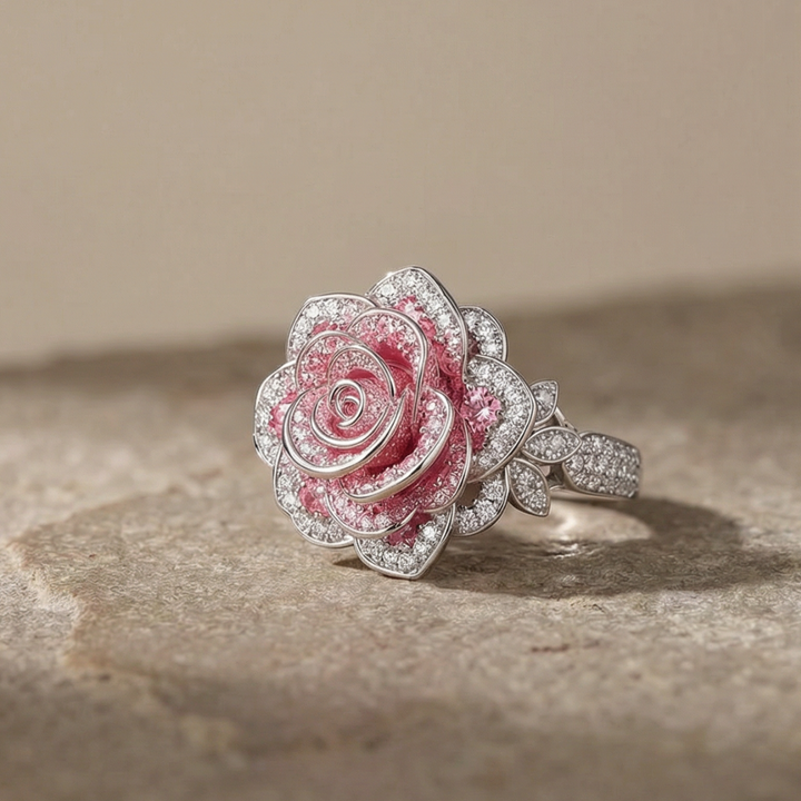Elegant Silver-Plated Ring Adorned with Pink Floral Design