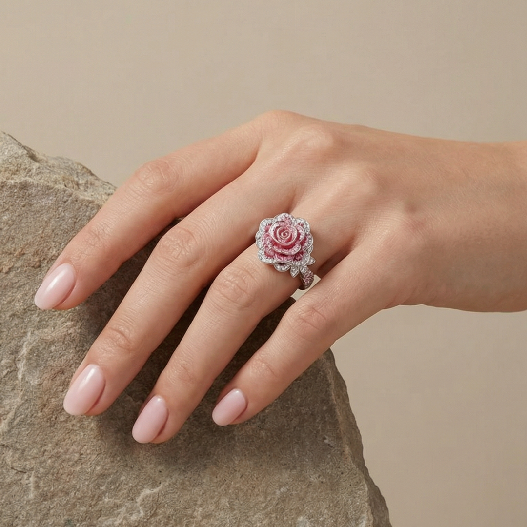 Elegant Silver-Plated Ring Adorned with Pink Floral Design