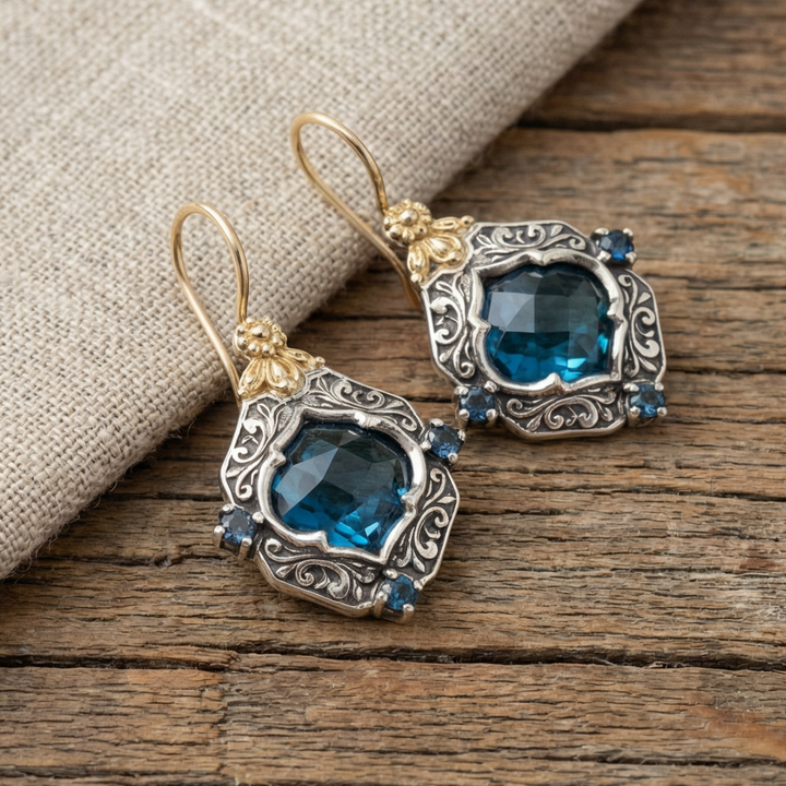 Vintage-Inspired Blue Crystal Earrings with Gold and Silver Accents