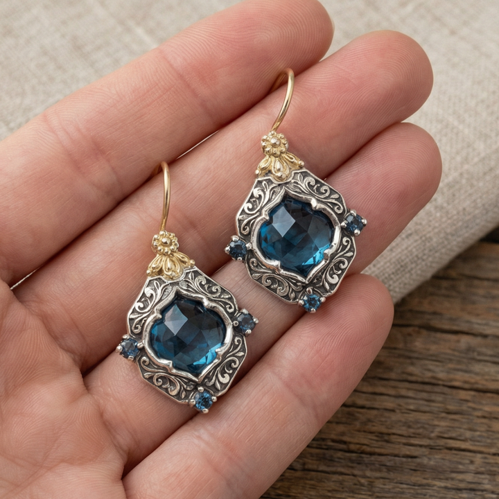 Vintage-Inspired Blue Crystal Earrings with Gold and Silver Accents